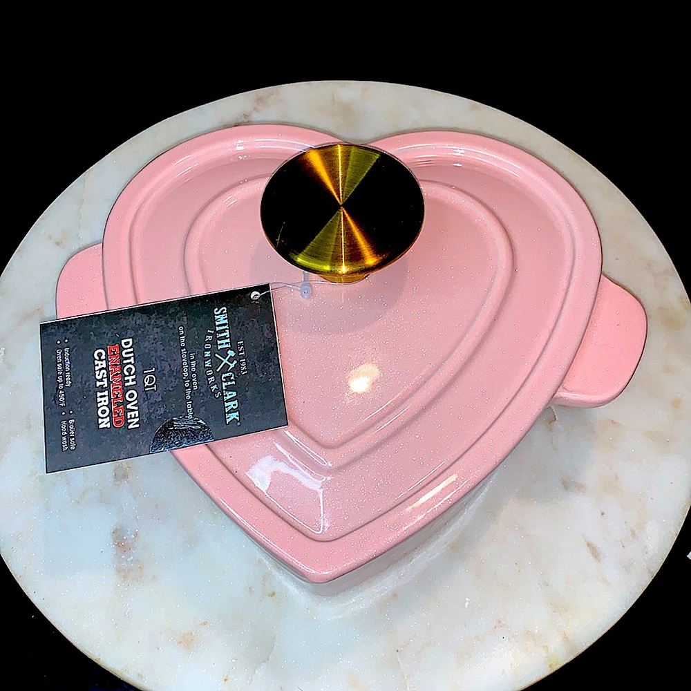 SMITH & CLARK IRONWORKS HEART 2 PC DUTCH OVEN 1 QT PINK SPARKLE ENAMEL NEW
